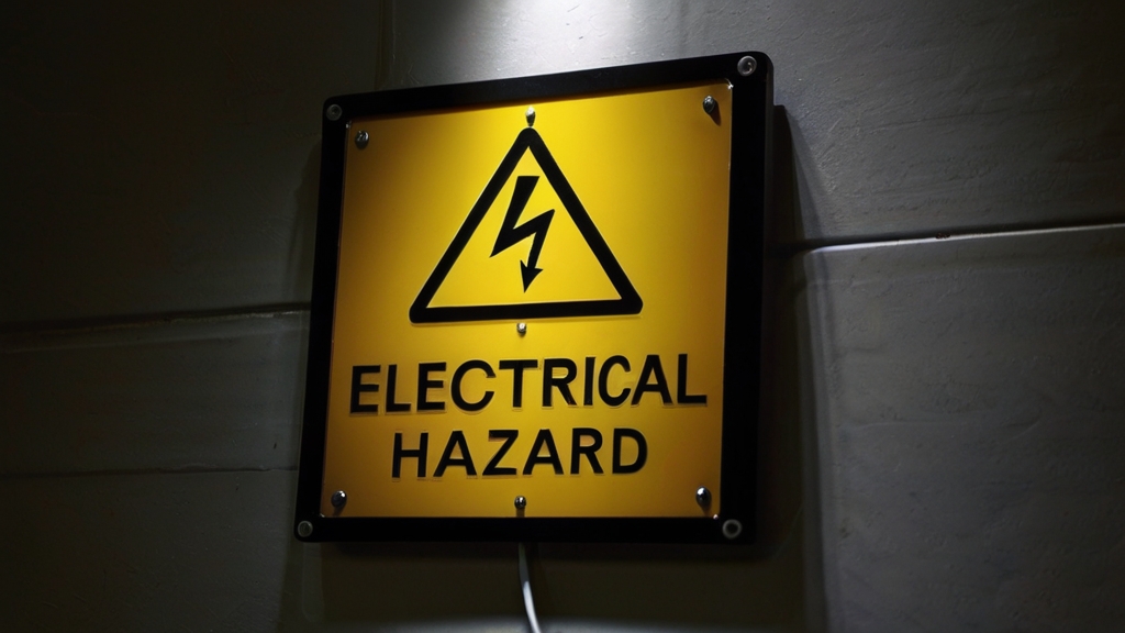 Close-up of a yellow sign with lightning warning about electrical safety hazards.