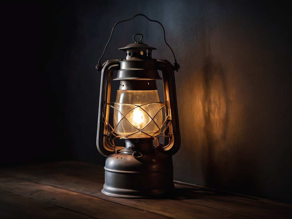 Vintage lantern on a wooden shelf lighting a room during a power outage